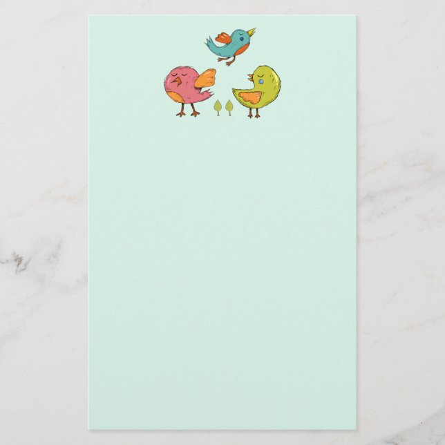 Farbenfrohe und Niedliche Whimsisches Vogeltrio Briefpapier (Vorderseite)
