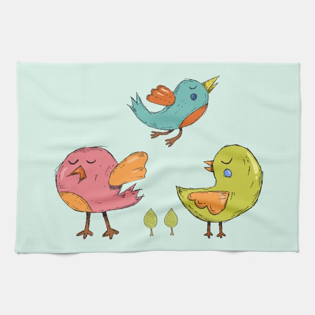 Farbenfrohe und Niedliche Whimsisches Vogeltrio Geschirrtuch (Horizontal)