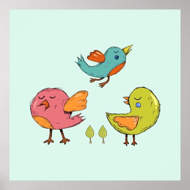 Farbenfrohe und Niedliche Whimsisches Vogeltrio Poster (Vorne)