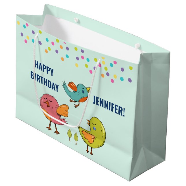 Farbenfrohe und Niedliche Whimsistische Vögel Trio Große Geschenktüte (Vorderseite Schrägansicht)