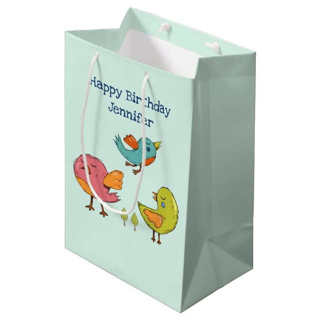 Farbenfrohe und Niedliche Whimsistische Vögel Trio Mittlere Geschenktüte (Vorderseite Schrägansicht)