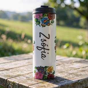farbenfrohe ungarische Blumen - individueller Name Thermosbecher