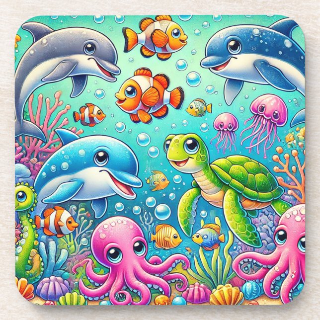 Farbenfrohe Unterwasserszene mit spielerischem Mee Getränkeuntersetzer (Vorderseite)