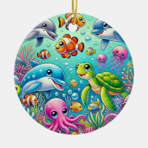Farbenfrohe Unterwasserszene mit spielerischem Mee Keramik Ornament