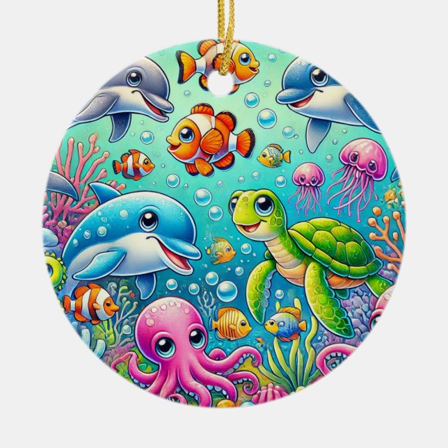 Farbenfrohe Unterwasserszene mit spielerischem Mee Keramik Ornament (Vorne)