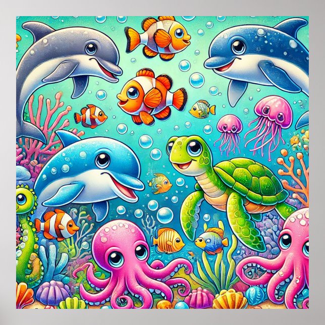 Farbenfrohe Unterwasserszene mit spielerischem Mee Poster (Vorne)