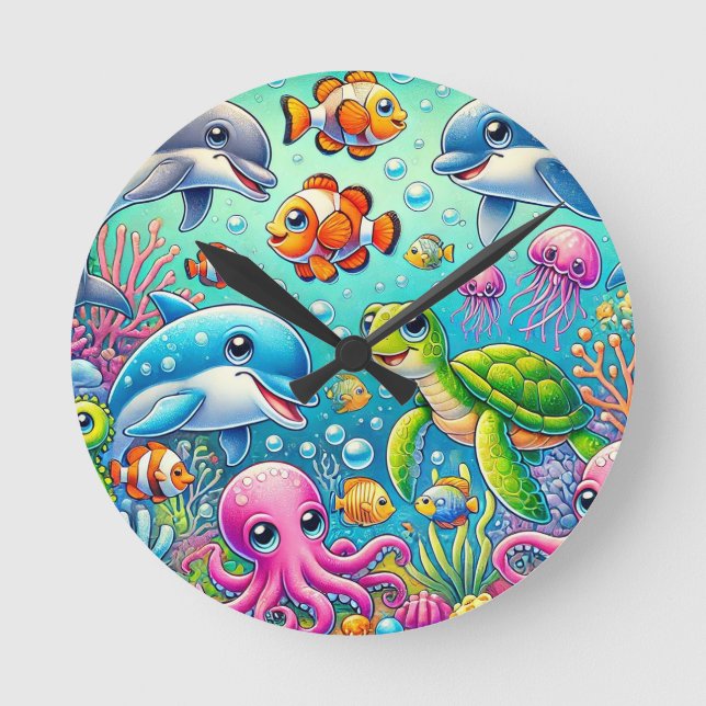 Farbenfrohe Unterwasserszene mit spielerischem Mee Runde Wanduhr (Vorderseite)