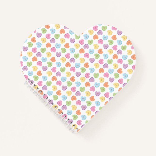 Farbenfrohe Valentine Candy Hearts Papier Unterset Notizbuch (Vorderseite)