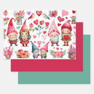 Farbenfrohe Valentine Gnomes Set von 3 verschieden Geschenkpapier Set