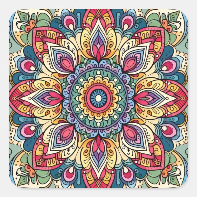 Farbenfrohe Vector Abstrakt Mandala Muster Quadratischer Aufkleber (Vorderseite)
