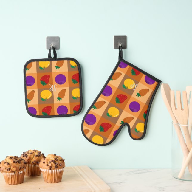Farbenfrohe Veggie Muster Oven Mitt & Pot Holder S Ofenhandschuh & Topflappen-Set (Insitu (Hängend))