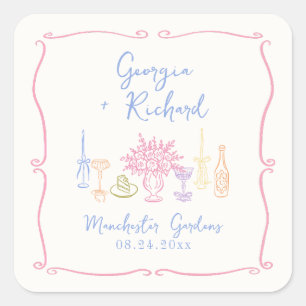 Farbenfrohe & Verrückte Handgezeichnete Hochzeit Quadratischer Aufkleber
