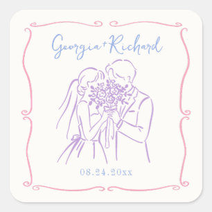 Farbenfrohe & Verrückte Handgezeichnete Hochzeit Quadratischer Aufkleber
