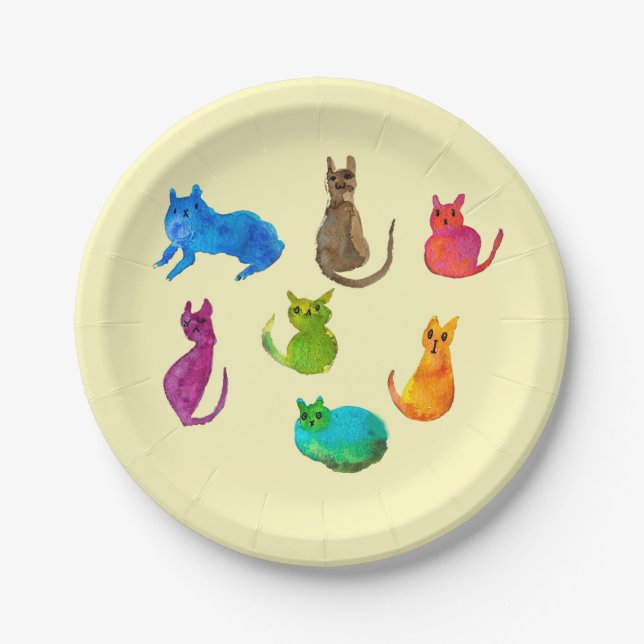 Farbenfrohe verrückte Katzen in Aquarellfarben Pappteller (Vorderseite)