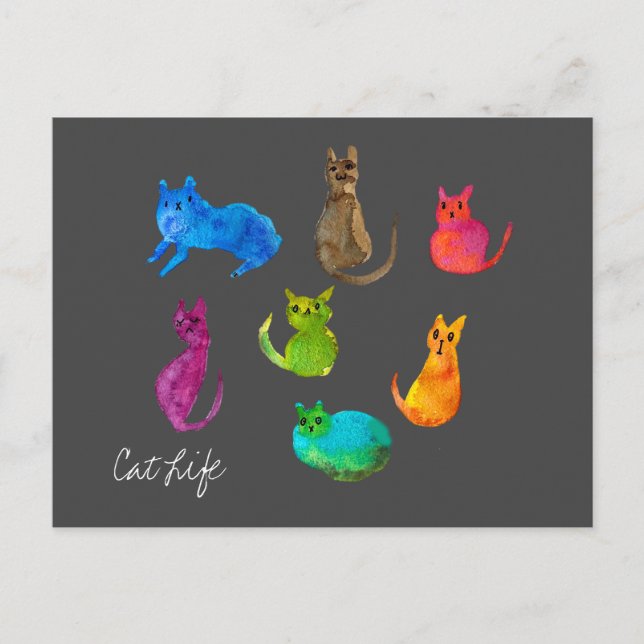 Farbenfrohe verrückte Katzen in Aquarellfarben Postkarte (Vorderseite)