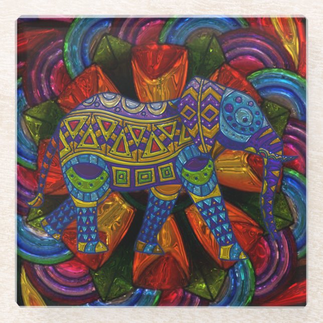Farbenfrohe Verzierte Elefant und Mandala Glasuntersetzer (Vorderseite)