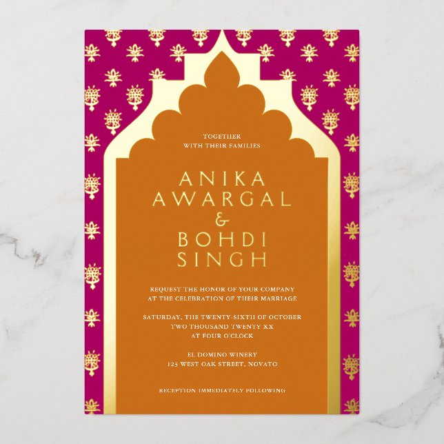 Farbenfrohe Verzierte indische Fensterwand Hochzei Folieneinladung (Vorderseite)