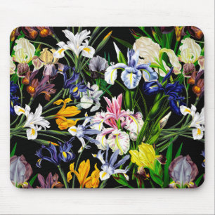 Farbenfrohe viktorianische Irisblumen auf schwarze Mousepad