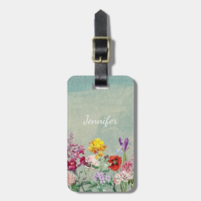 Farbenfrohe Vintag blühende Wildblumen Gepäckanhänger (Vorderseite vertikal)