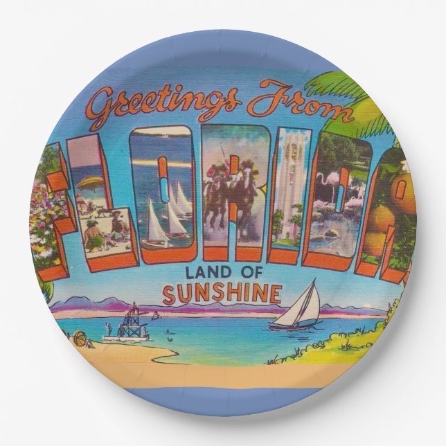 Farbenfrohe Vintage Florida Grüße Pappteller (Vorderseite)