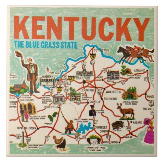 Farbenfrohe Vintage Kentucky Karte Fliese (Vorderseite)
