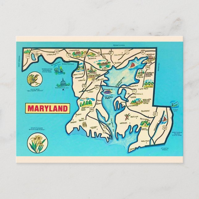 Farbenfrohe Vintage Maryland Map Postcard Postkarte (Vorderseite)