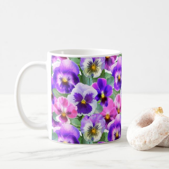 Farbenfrohe Violetten Pansy Blume Muster Kaffeetasse (Mit Donut)