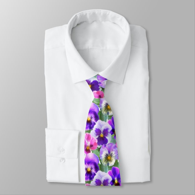 Farbenfrohe Violetten Pansy Blume Muster Krawatte (Gebunden)