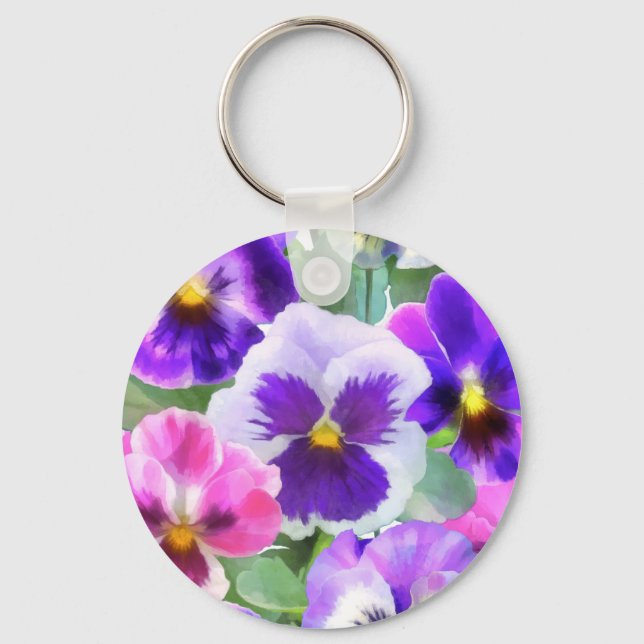 Farbenfrohe Violetten Pansy Blume Muster Schlüsselanhänger (Vorderseite)