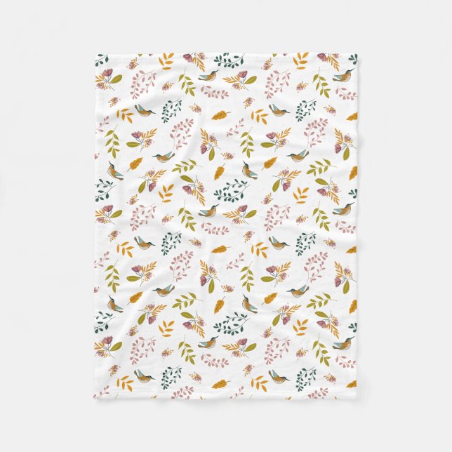Farbenfrohe Vögel auf blumengeschmücktem Hintergru Fleecedecke (Vorderseite)