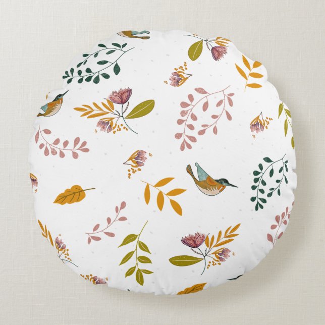 Farbenfrohe Vögel auf blumengeschmücktem Hintergru Rundes Kissen (Vorderseite)