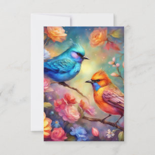 Farbenfrohe Vögel auf dem Zweig Rosa Blaue Vögel 9 Dankeskarte
