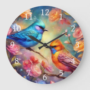 Farbenfrohe Vögel auf dem Zweig Rosa Blaue Vögel 9 Große Wanduhr