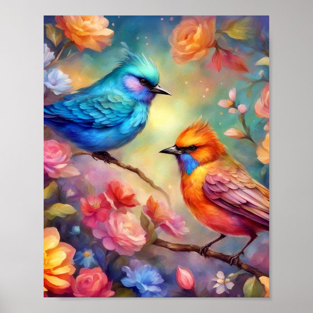 Farbenfrohe Vögel auf dem Zweig Rosa Blaue Vögel 9 Poster (Vorne)