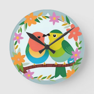 Farbenfrohe Vögel auf einem Zweig Runde Wanduhr