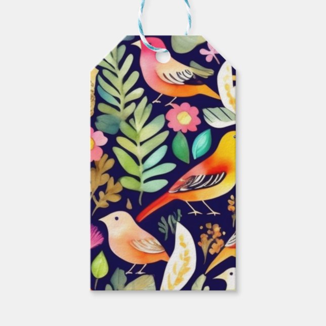 Farbenfrohe Vögel Blumenmuster blaue Dekoration Geschenkanhänger (Vorderseite)