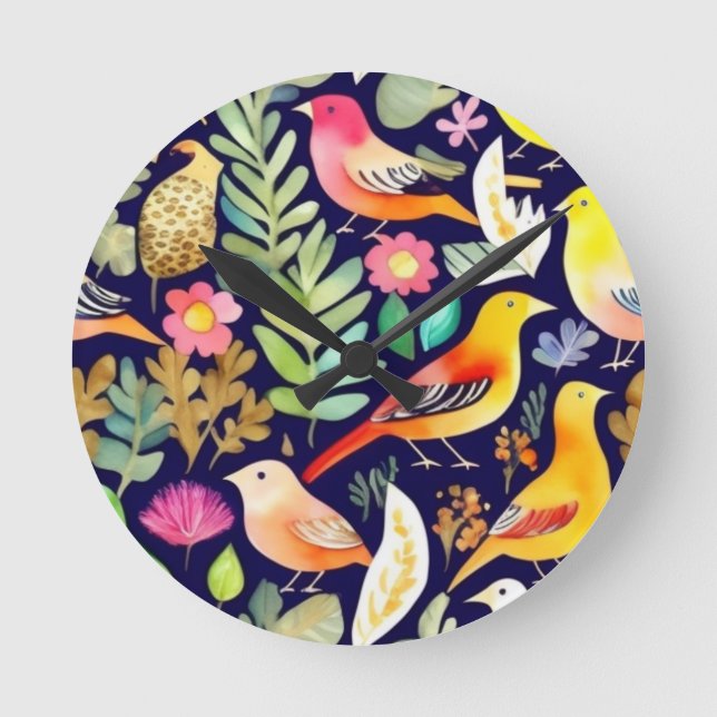 Farbenfrohe Vögel Blumenmuster blaue Dekoration Runde Wanduhr (Vorderseite)