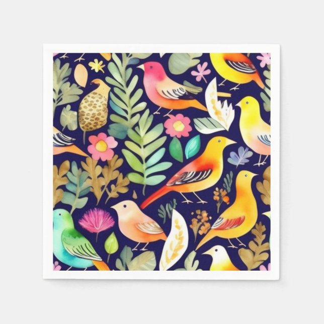 Farbenfrohe Vögel Blumenmuster blaue Dekoration Serviette (Vorderseite)