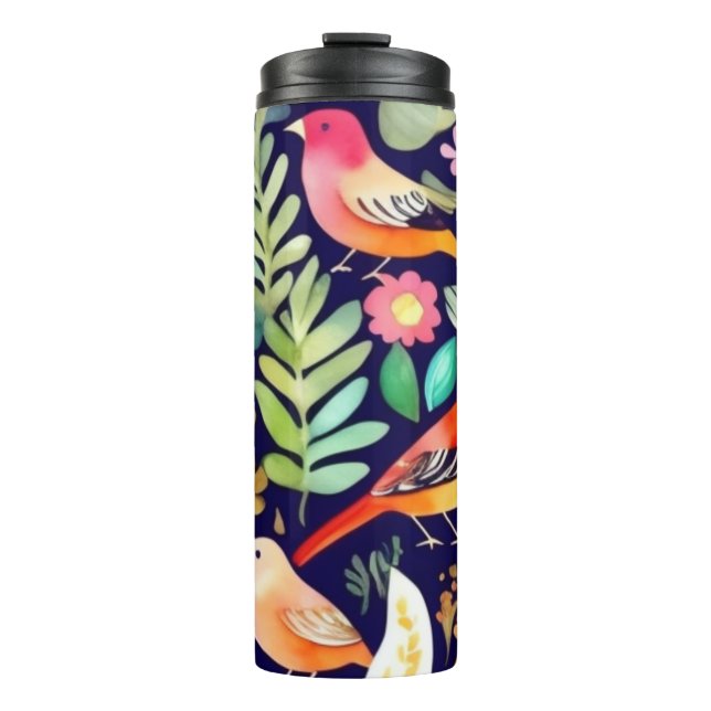 Farbenfrohe Vögel Blumenmuster blaue Dekoration Thermosbecher (Vorderseite)