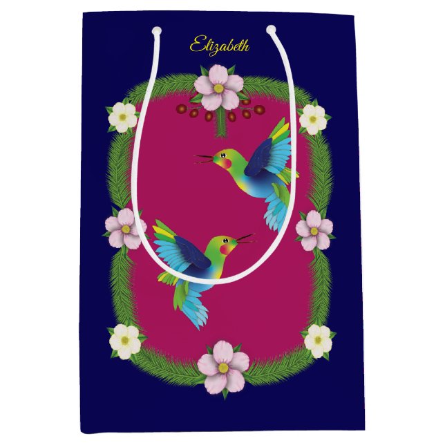 Farbenfrohe Vögel. Dunkelblau Mittlere Geschenktüte (Vorderseite)