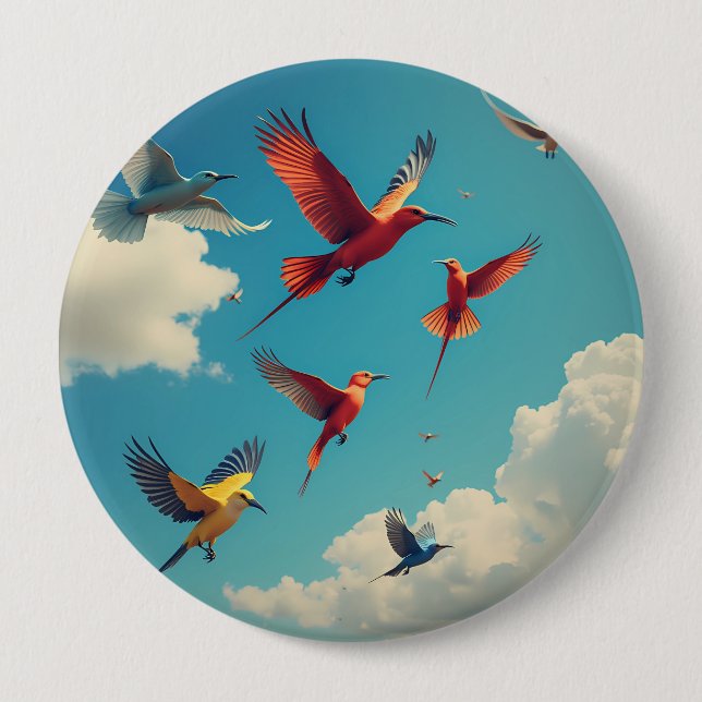 Farbenfrohe Vögel im blauen Himmel Button (Vorderseite)
