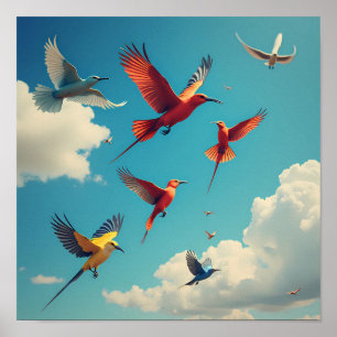 Farbenfrohe Vögel im blauen Himmel Poster