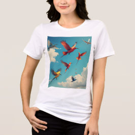 Farbenfrohe Vögel im blauen Himmel Tri-Blend Shirt