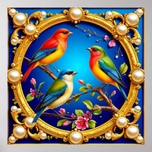 Farbenfrohe Vögel in Verziertem goldenen Rahmen Poster