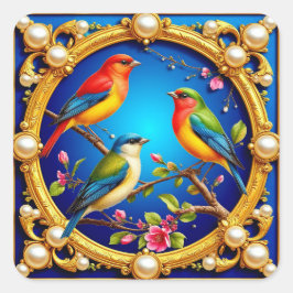Farbenfrohe Vögel in Verziertem goldenen Rahmen Quadratischer Aufkleber