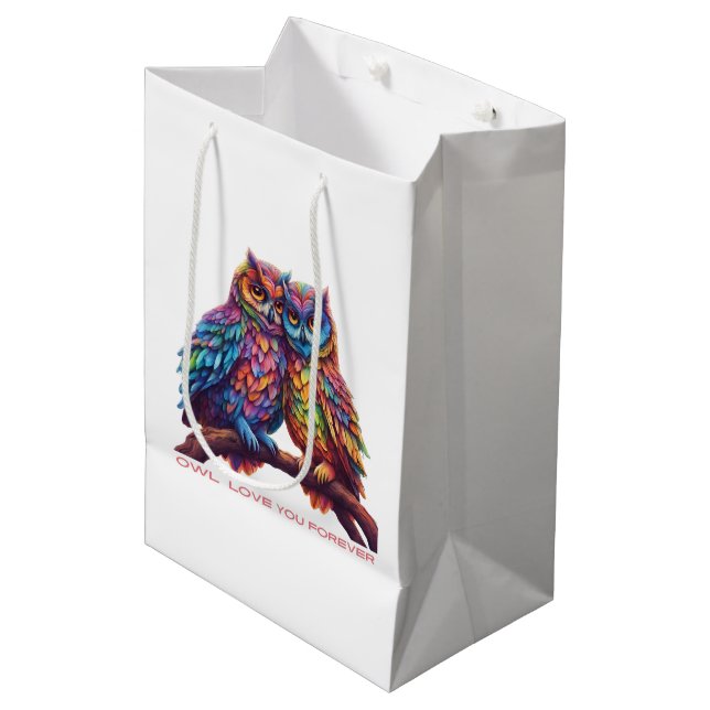 Farbenfrohe Vögel-Love Mittlere Geschenktüte (Vorderseite Schrägansicht)