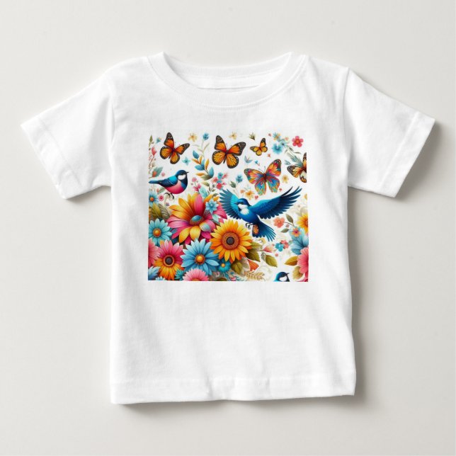 Farbenfrohe Vögel Schmetterlinge Blume Vorlage Nie Baby T-shirt (Vorderseite)