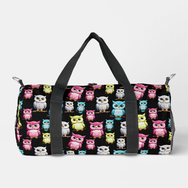 Farbenfrohe Vögel Schwarzes Hintergrundmuster Duffle Bag (Vorderseite)