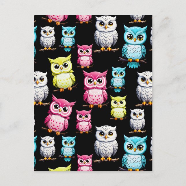 Farbenfrohe Vögel Schwarzes Hintergrundmuster Postkarte (Vorderseite)