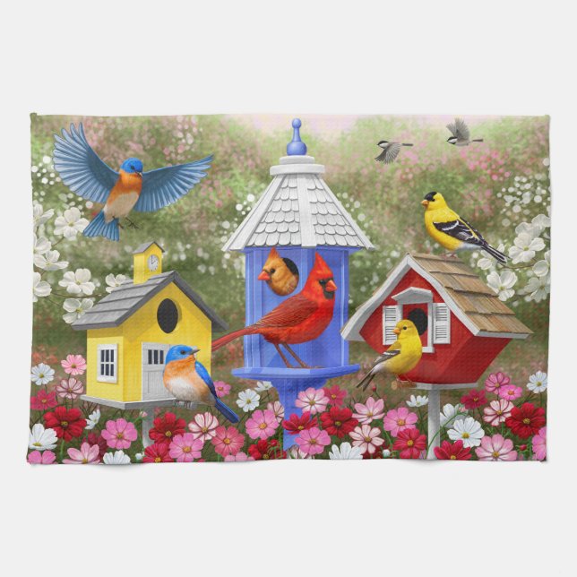 Farbenfrohe Vögel und Birthäuser Blumengarten Geschirrtuch (Horizontal)